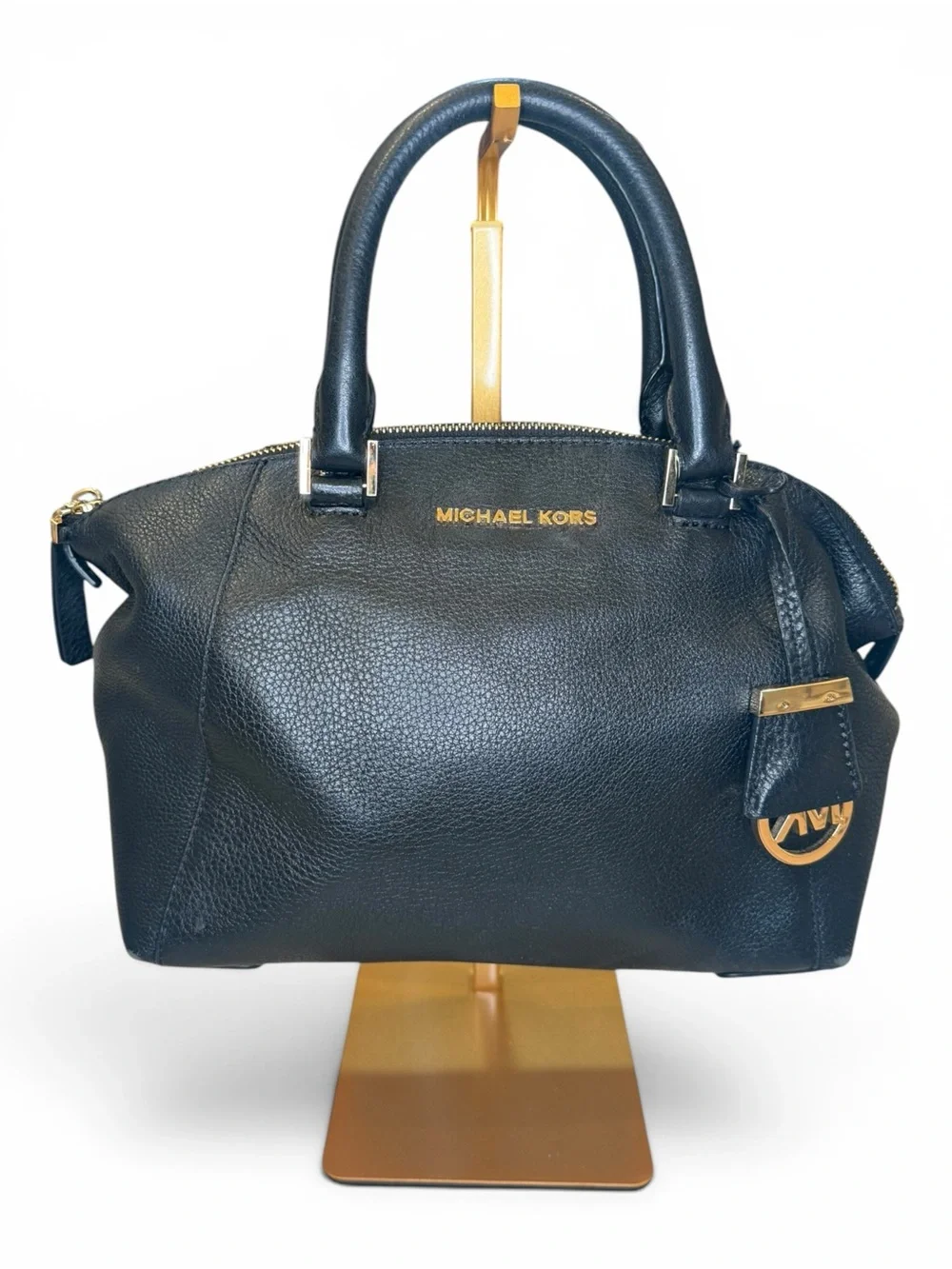 Michael Kors Black Pebble Leather Satchel with Gold Hardware
